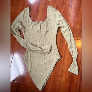 OZMA silk noil longsleeve low neck back small S bodysuit tan clay balletcore